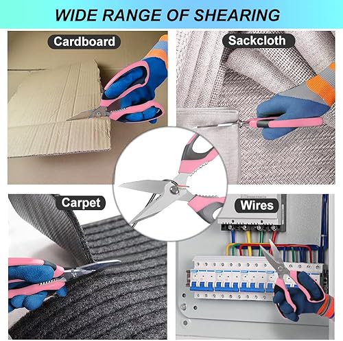 Miniatura 5 de Tijeras multiusos resistentes de 8 pulgadas con cubierta protectora, cuchillas dentadas de acero inoxidable, cartón de fácil corte, cuero, tela,
