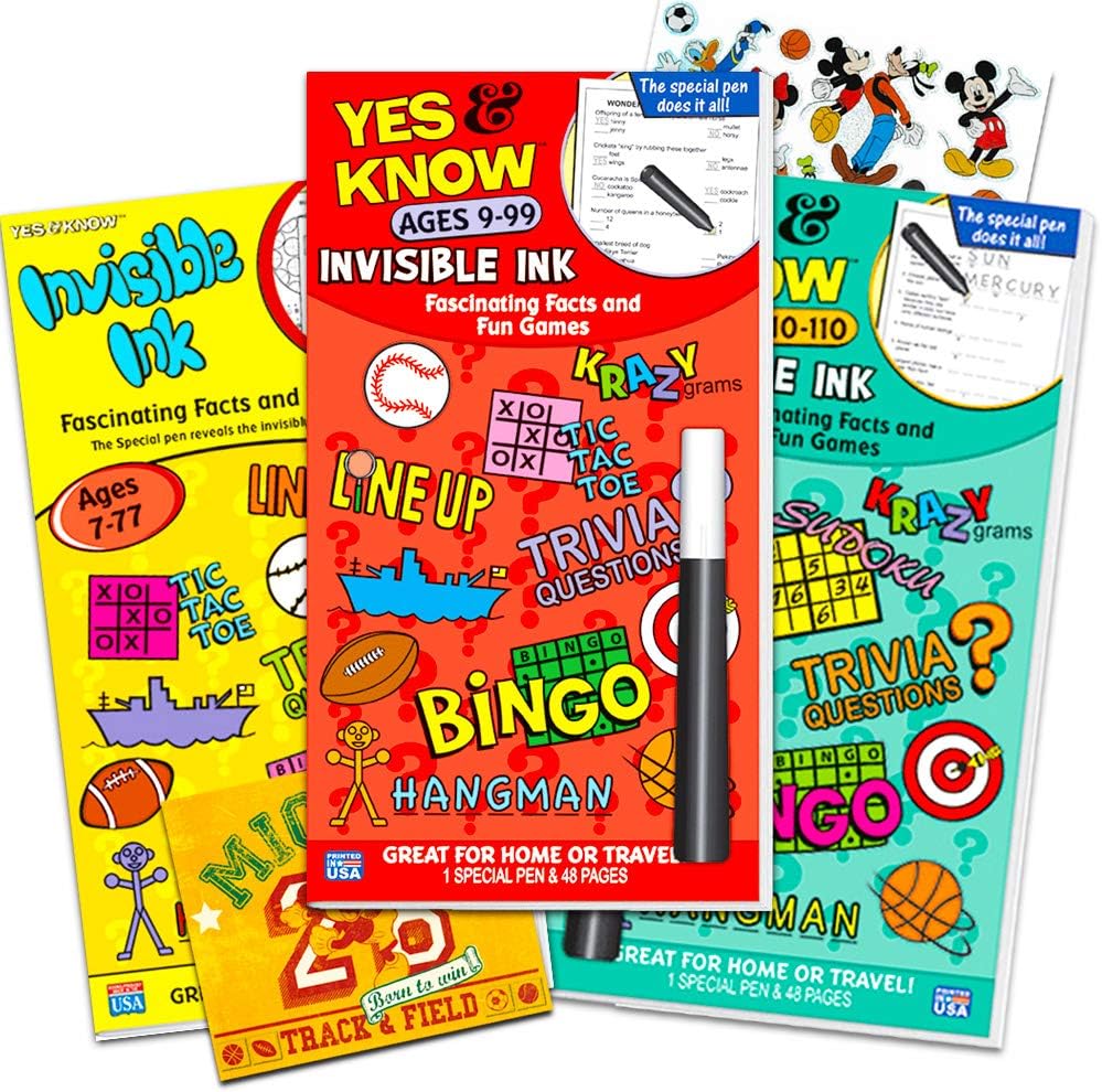 Invisible Ink Books Set for Kids, Ages 7 and Up ~ Pack of 3 Yes and No Activity Books with Games, Puzzles, Trivia with Magic Invisible Ink Pens and Stickers (Travel Games for Kids in Car)