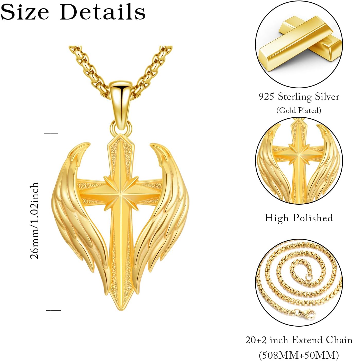 Cross Wings Necklace for Men Women S925 Sterling Silver Guardian Angel Wings Cross Pendant Necklaces Gifts for Men Angel's Wing Jewelry Birthday Gift 20+2 Inch Stainless Steel Chain - Image 4