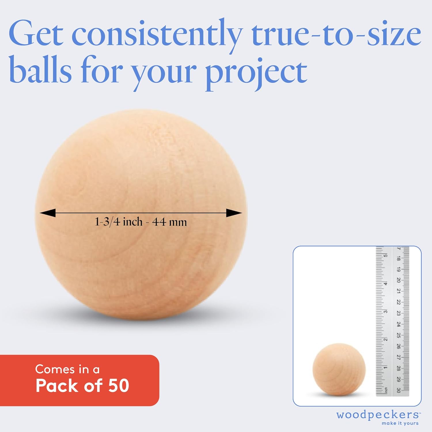 1-3/4 Inch Small Wood Balls, Pack of 50 Wooden Balls for Crafts and DIY Project, Hardwood Birch Wood Balls, by Woodpeckers