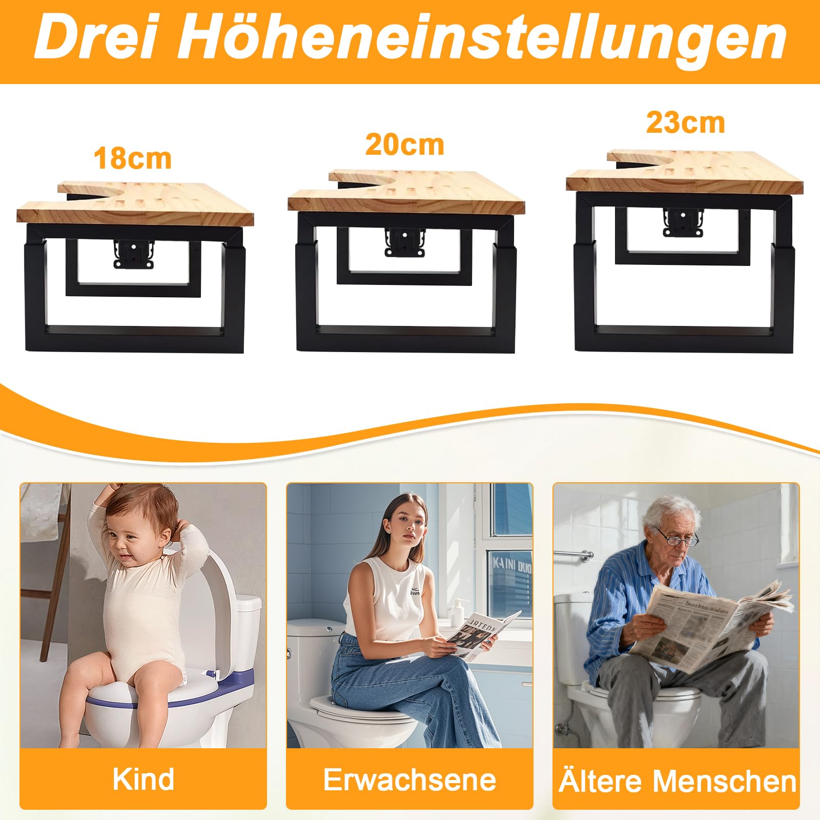 Klappbarer Toilettenhocker aus Holz, Klohocker Hö henverstellbar, Tragbarer WC Toiletten Hocker mit Rutschfester Matte, Kackhocker für Kinder, Erwachsene, Hilfe beim Stuhlgang