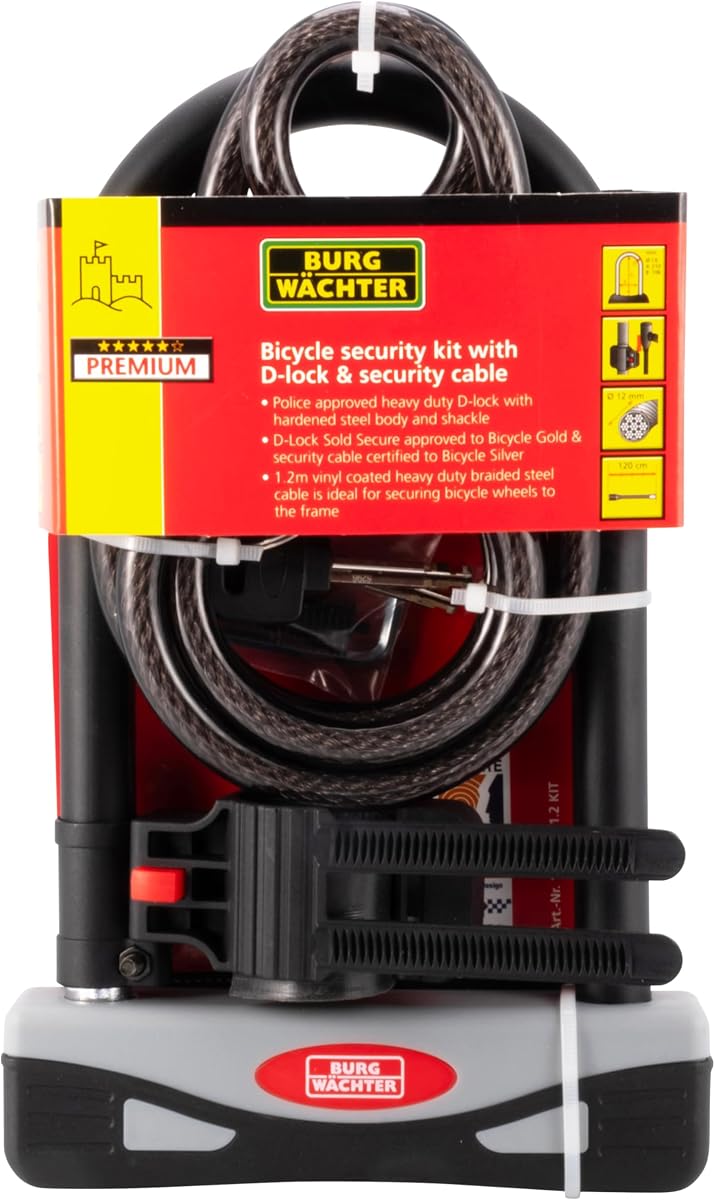 Burg Wächter Unisex's 1600 HB KIT Gold Sold Secure Bicycle D Lock, Black, Large-2.1M Cable
