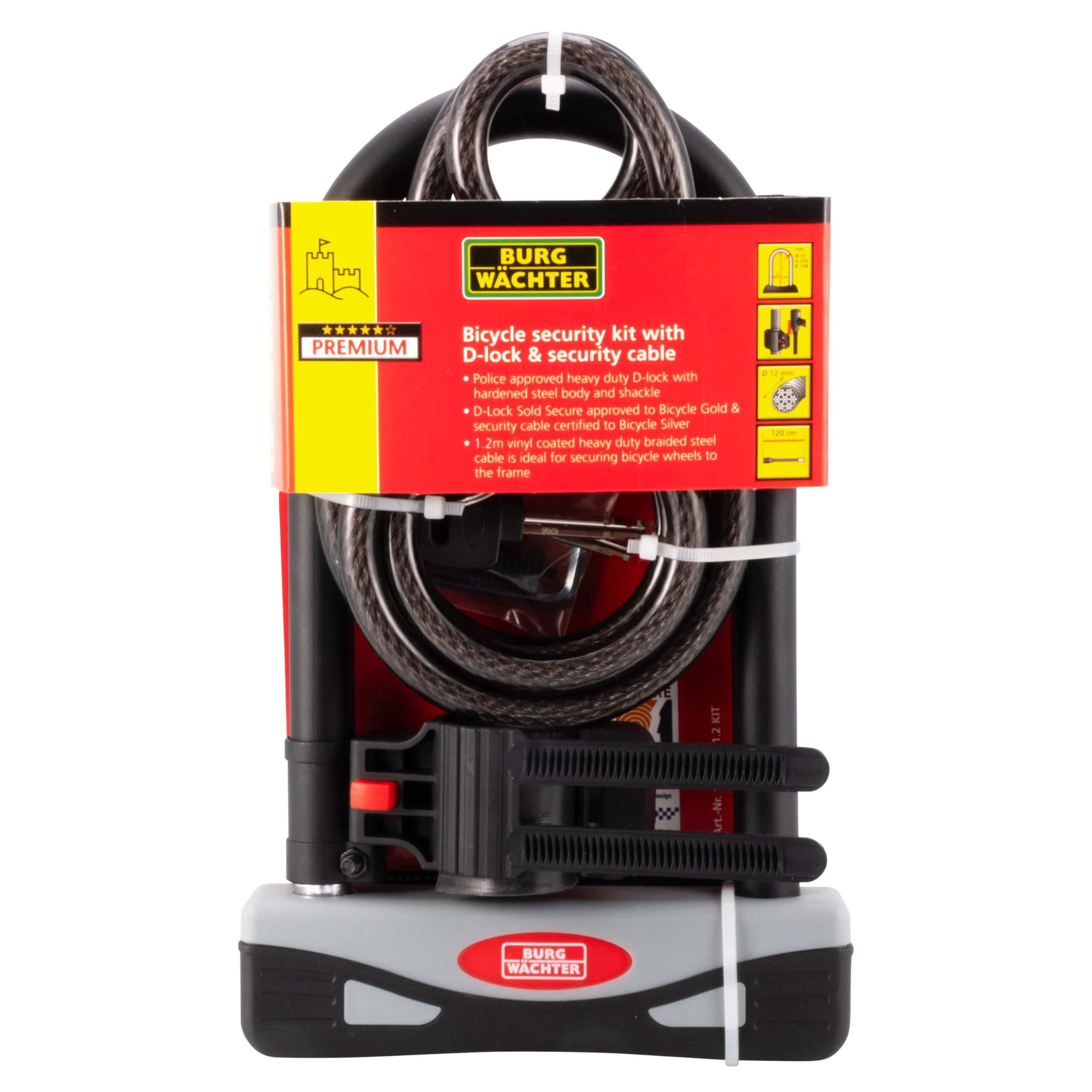 Burg Wächter Unisex's 1600 HB KIT Gold Sold Secure Bicycle D Lock, Black, Large-2.1M Cable