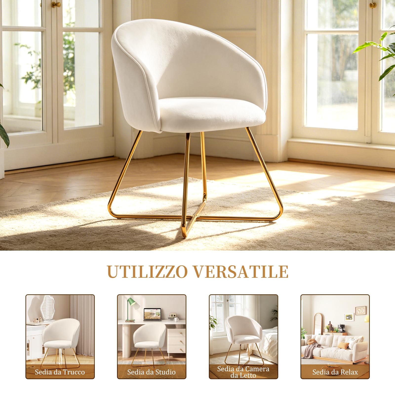 Hellove Sedia Toeletta Trucco con Gambe in Gold Metallo,Moderne Velluto Poltrona Camera da Letto, Poltroncina,Poltroncine Imbottite,Sedia Laterale per Camera da Letto/Soggiorno/Vanità,Beige