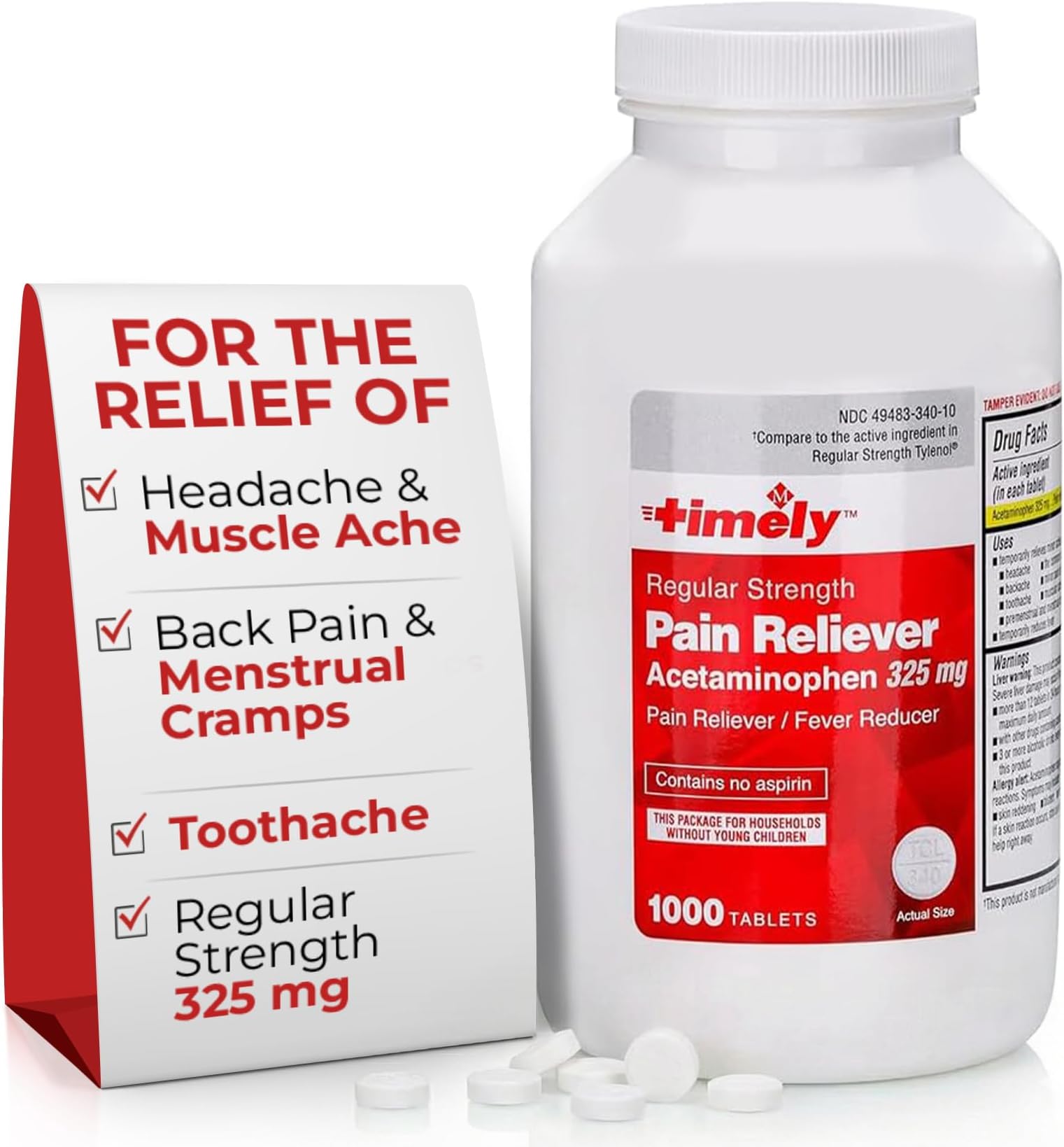 TIME-Cap Labs 1000 Tablets Regular Strength Acetaminophen 325mg - Pain Reliever & Fever Reducer for Adults, Helps with Headaches, Backaches, Muscle Pain, Toothaches, Arthritis & Menstrual Cramps