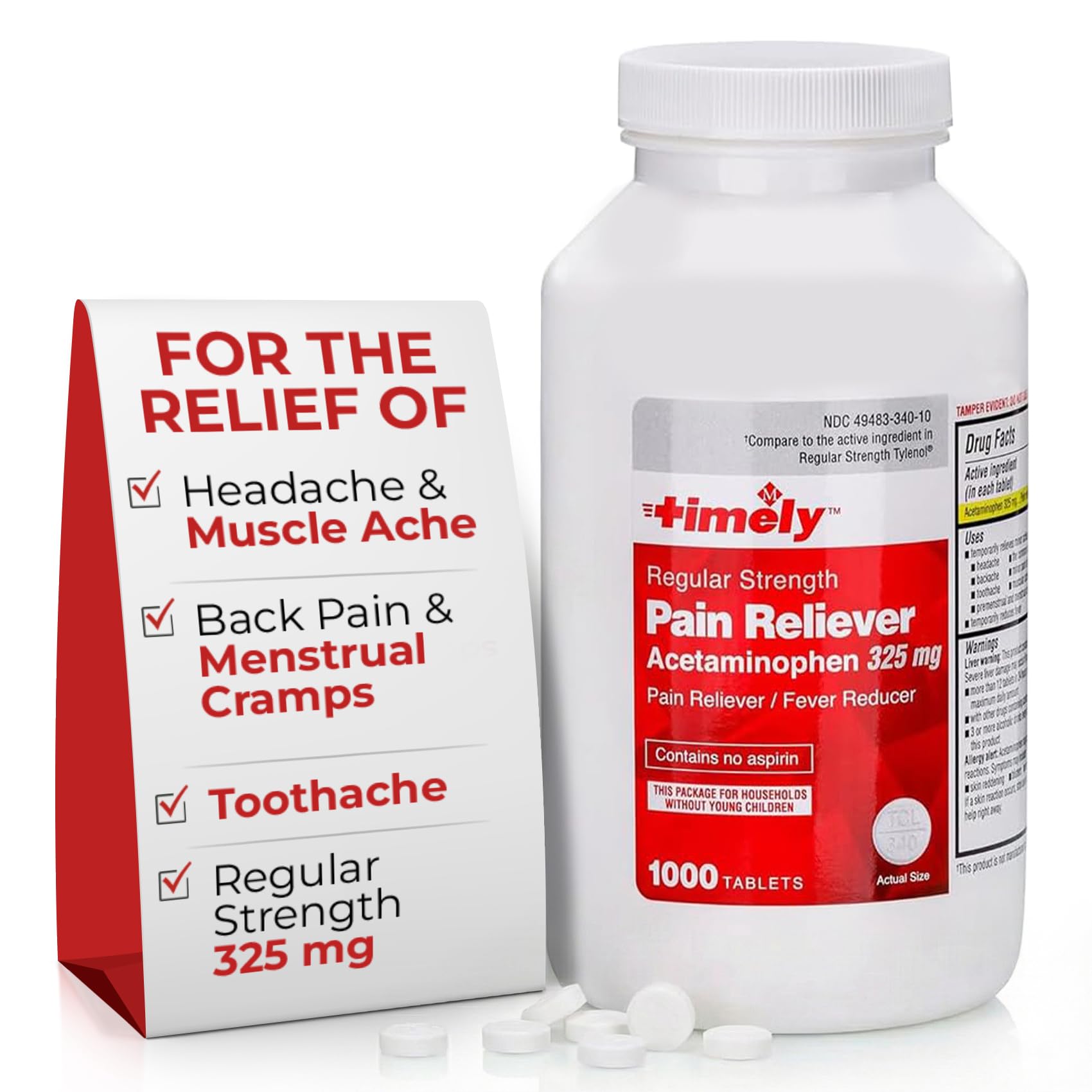 TIME-Cap Labs 1000 Tablets Regular Strength Acetaminophen 325mg - Pain Reliever & Fever Reducer for Adults, Helps with Headaches, Backaches, Muscle Pain, Toothaches, Arthritis & Menstrual Cramps