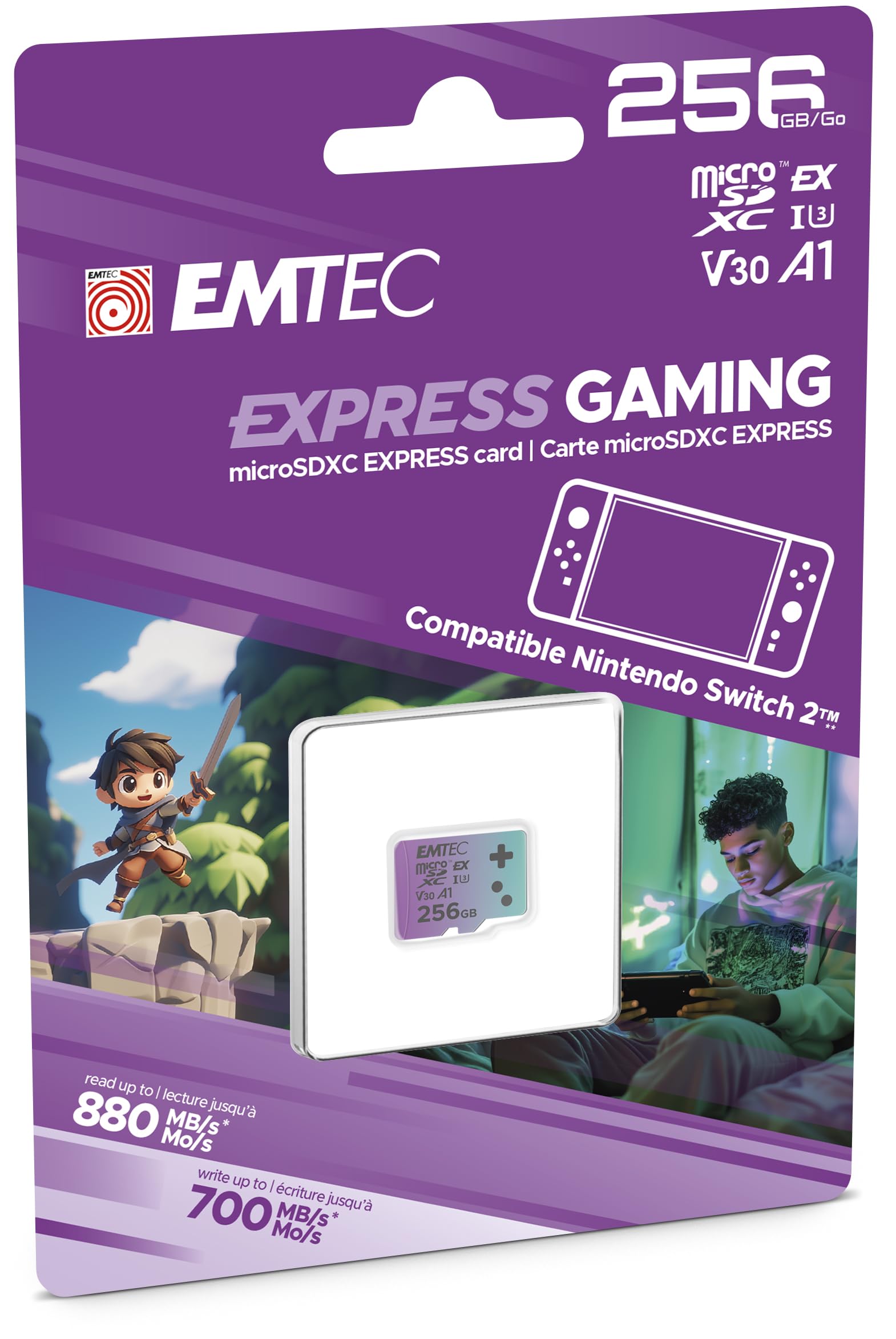 EMTEC, Karta MicroSDXC 256 GB UHS-I U3 V30 A1 Express Gaming, kompatybilna z Nintendo Switch 2, duża prędkość do 880 Mb/s, rozszerzona pamięć masowa, idealna do gier i aplikacji, niezawodna i trwała