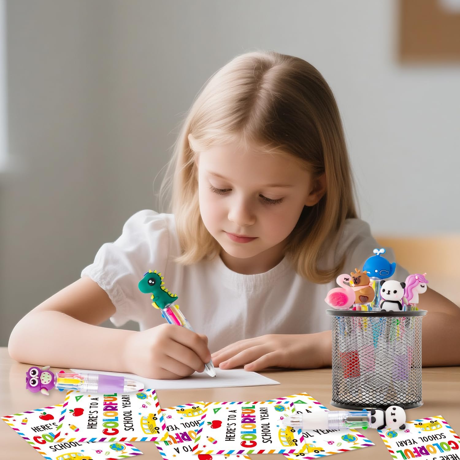 ANGOLIO Back to School 84Pcs Cute Multicolor Pens Gifts Cute Cartoon 4 in 1 Multicolor Retractable Ballpoint Pens with Gift Cards for Students Kids Classroom Rewards Summer Teacher Appreciation Gifts