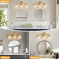 Vista 6 de Lámparas de baño doradas para tocador, 3 luces, apliques de pared, luces de latón cepillado con pantallas de vidrio globo transparente, lámpara