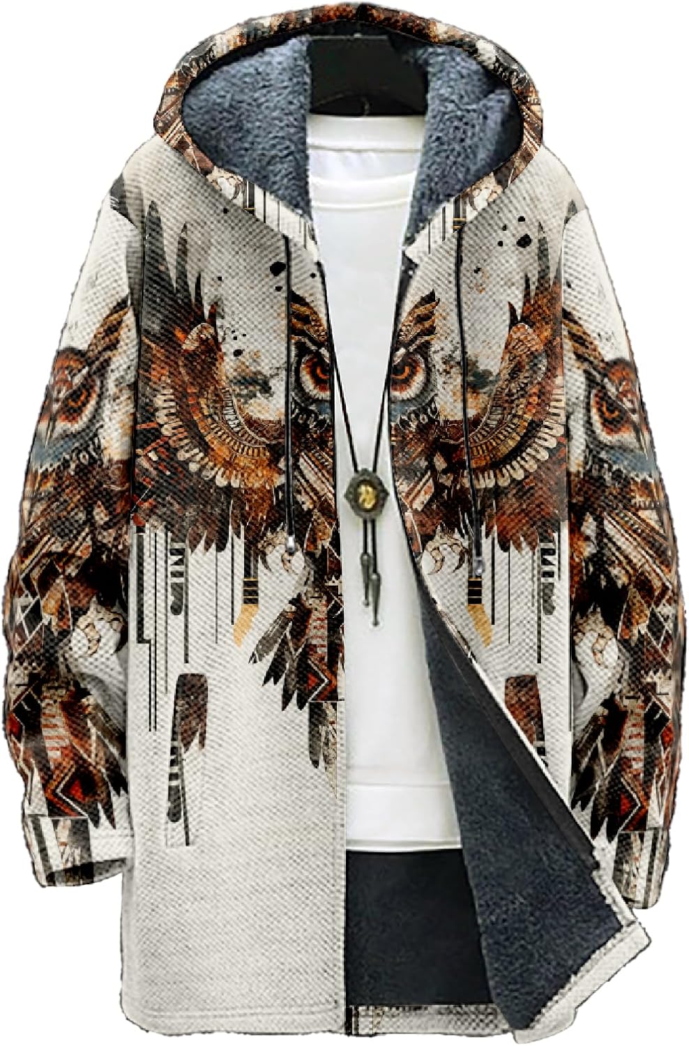 MARSVOVO Aztec Hoodie Cardigan Men Heavyweight Cotton Fleece Jacket Zip Up Warm Long Sleeve Hooded Winter Midi Coat