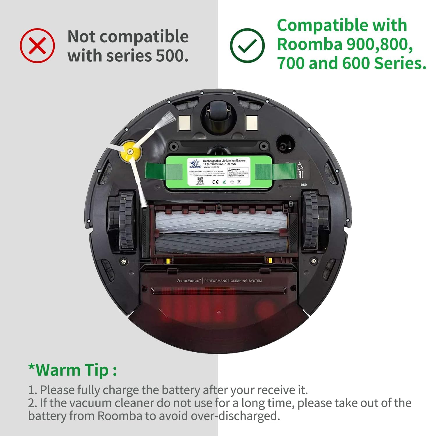 melasta 14.8V 5200mAh Lithium ion Battery Replacement Compatible with iRobot Roomba 980 960 985 690 801 850 860 870 880 891 895 770 780 790 640 650 652 655 665 670 671 675 680 685 695