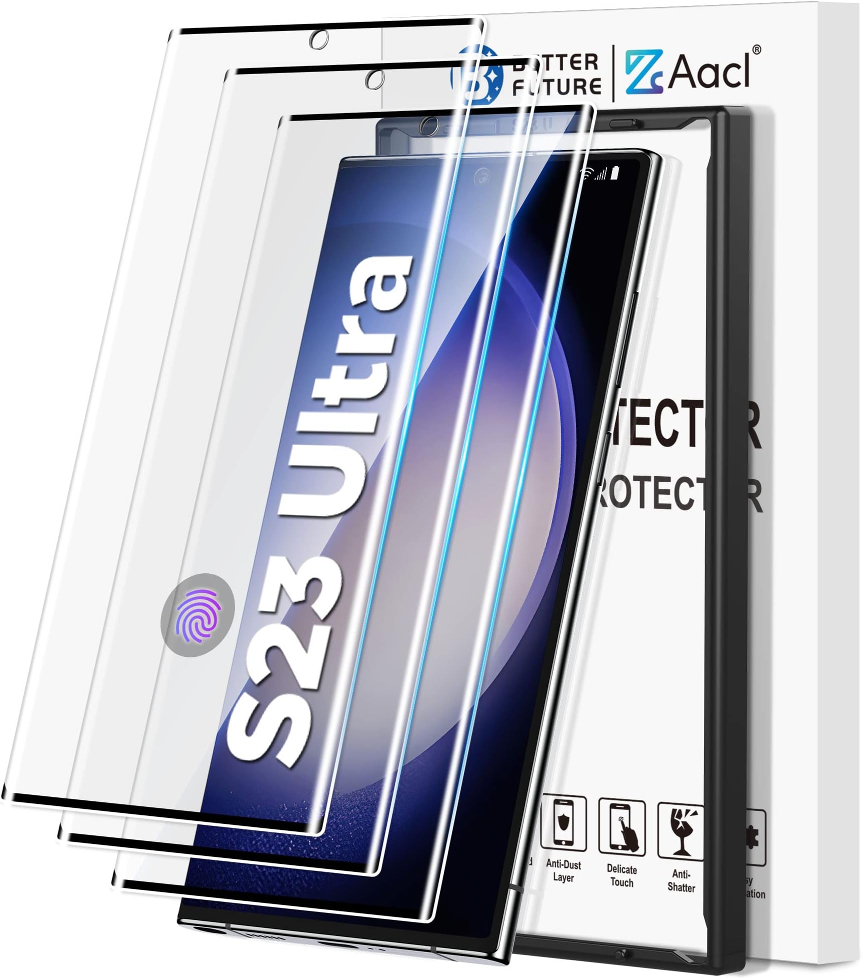 AACL 3D Curved Tempered Glass for Samsung Galaxy S23 Ultra Screen Protector, 9H Glass for S23 Ultra 5G, Scratch Proof, Easy Installation Frame, Bubble Free, Case Friendly [3 Pack]