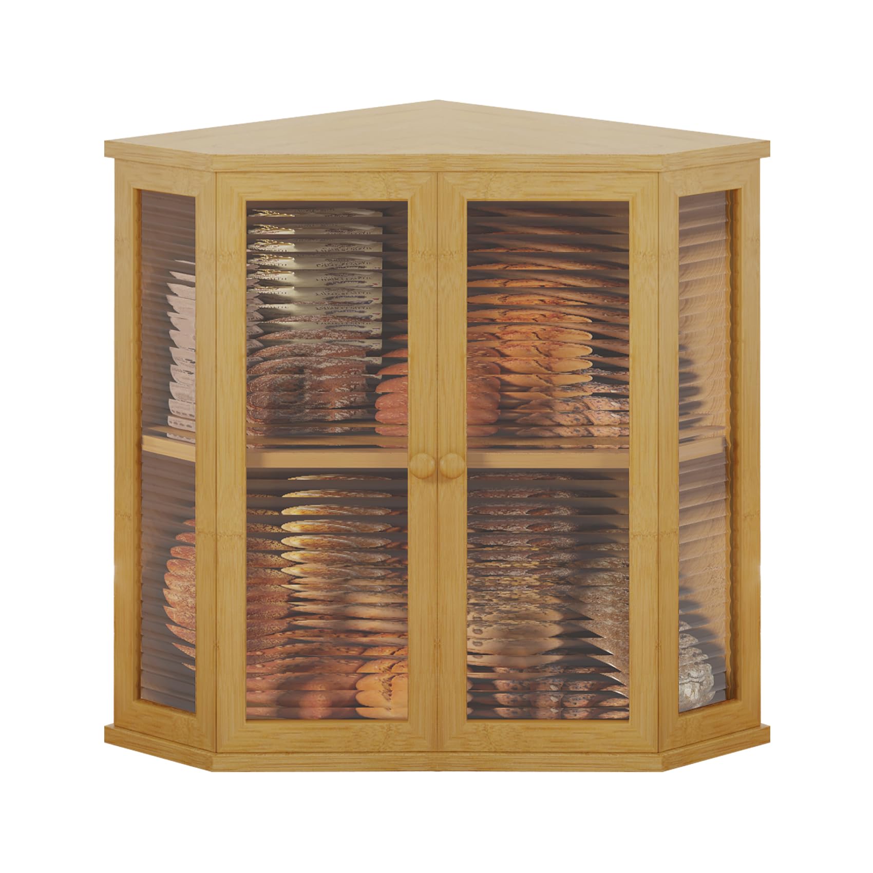 Photo 1 of Extra Large Corner Bread Box for Kitchen Countertop, 16.5 inch Bamboo Double Layer Bread Storage with Glass Wavy Door Panel, Eco-Friendly and Stylish Design