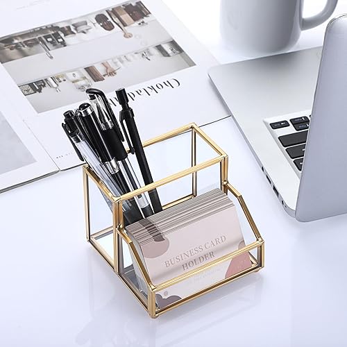 Miniatura 3 de Hipiwe Soporte de cristal para tarjetas de visita con organizador de bolígrafoslápices, soporte dorado para tarjetas de presentación para encimera