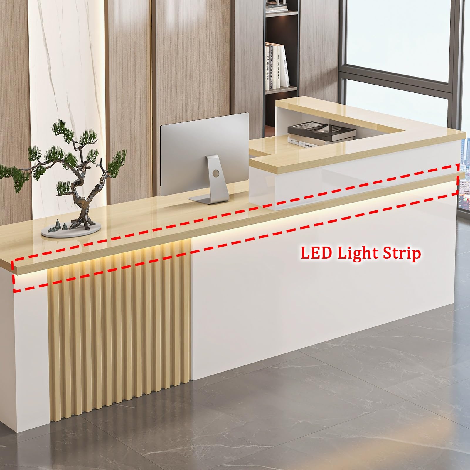 Moderner Empfangstresen mit abschließbarer Schublade, L-förmiger Kassentisch, stilvoller Rezeptionstisch mit Aufbewahrungsschrank, Empfangstisch für Einzelhandel (Natur, 120 x 60 x 100 cm)