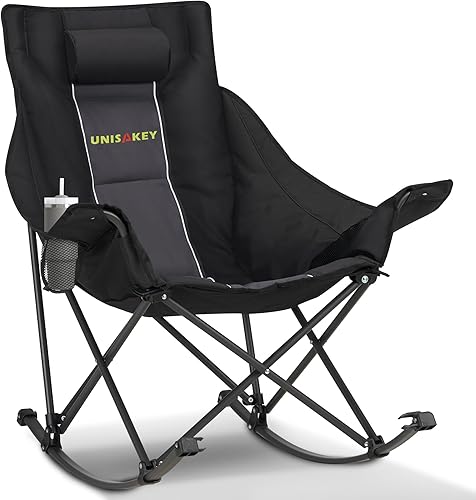 Silla mecedora de gran tamaño con reposacabezas y soporte para tazas, capacidad de 400 libras, tela Oxford 600D, silla mecedora portátil fácil de