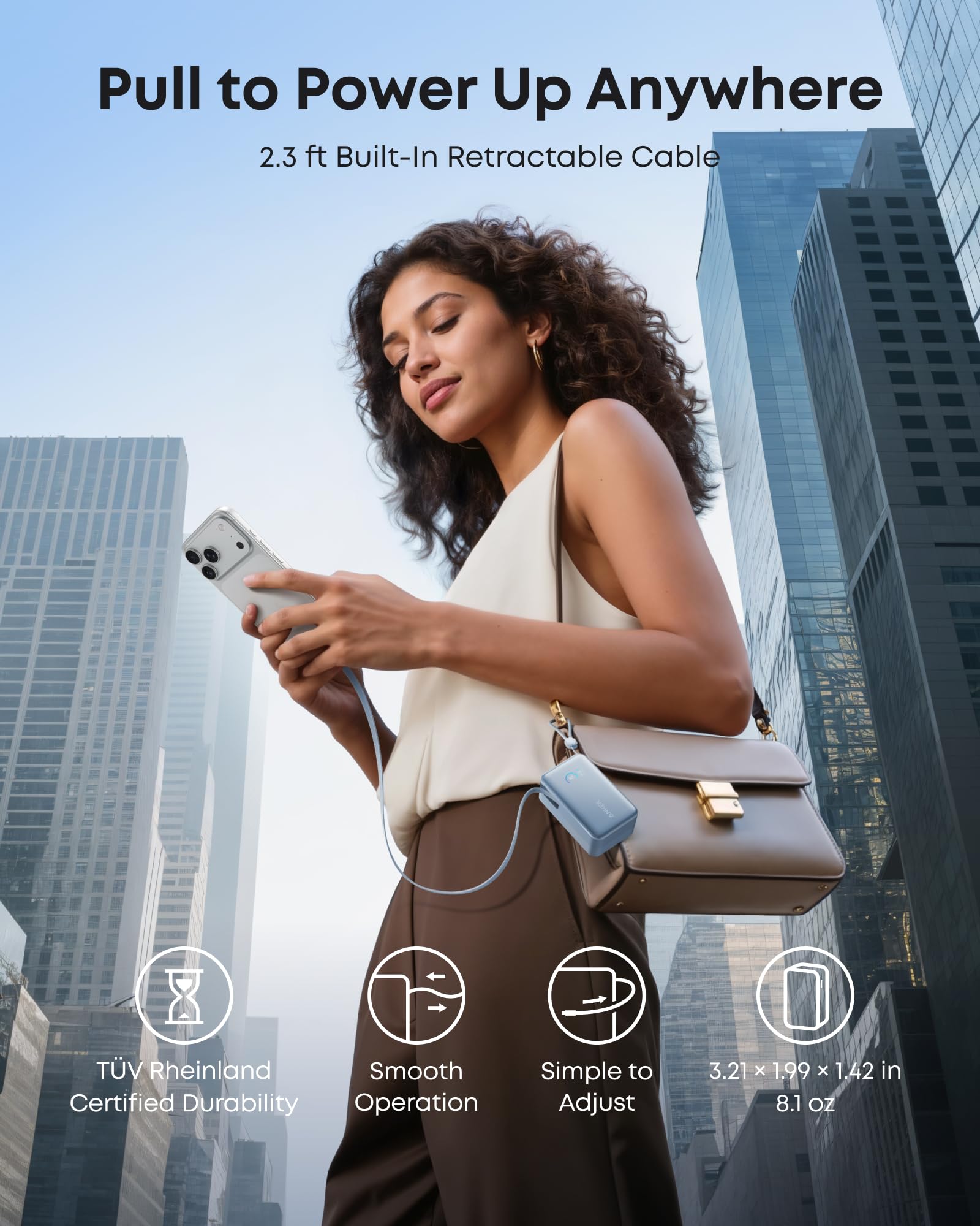 Powerbank Anker Nano, zewnętrzny akumulator 10 000 mAh z 70-centymetrowym zwijanym kablem Anker InstaCord, kompaktowa bateria o mocy maks. 45 W, inteligentny wyświetlacz