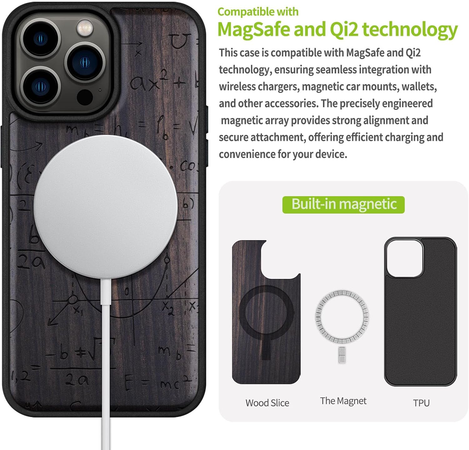 Carveit Magnetic Wood Case for iPhone 14 Pro Max [Natural Wood & Black Soft TPU] Unique & Classy Wooden Shockproof Protective Cover Compatible with magsafe (Cosmic Formulas -Blackwood)