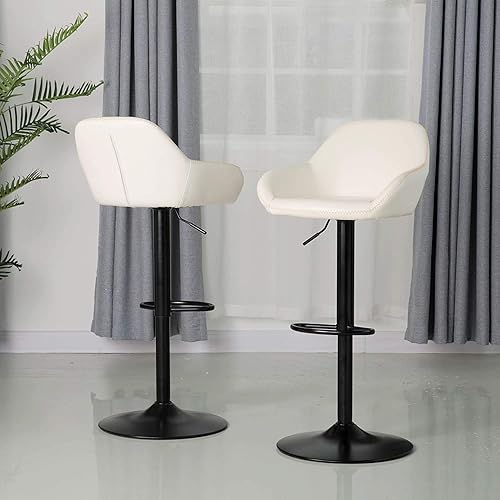 Miniatura 104 de Glitzhome Mid Century - Juego de 2 taburetes de bar ajustables de cuero giratorio vintage con respaldo y reposapiés, taburetes de bar modernos de