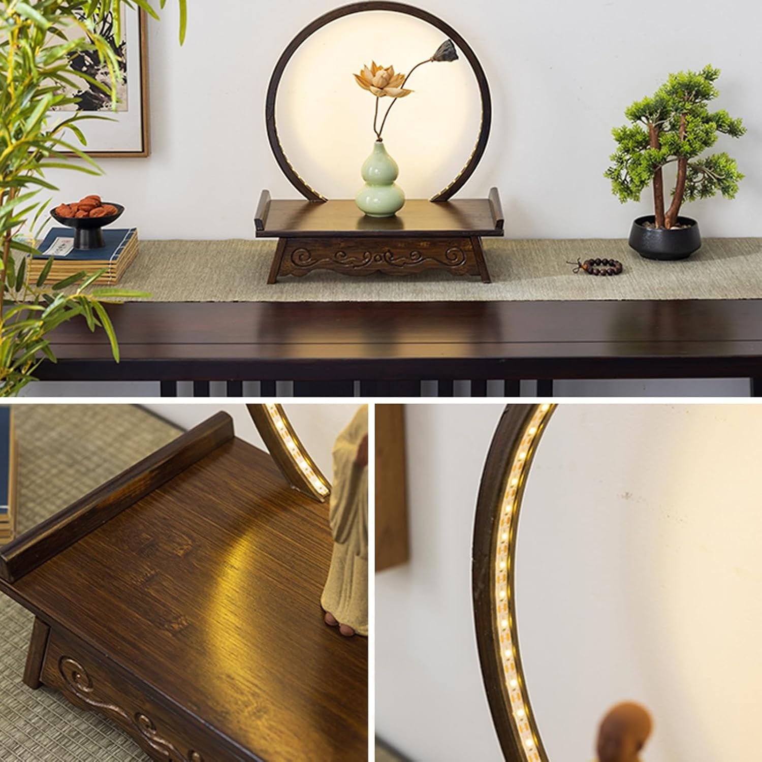 Shrine Altar Table, Small Meditation Table, Bamboo Offering Table, Carved Puja Buddhist with Light, Day of The Dead Altar Stand, for Prayers Divination Worship(Red,40cm/15.7in)