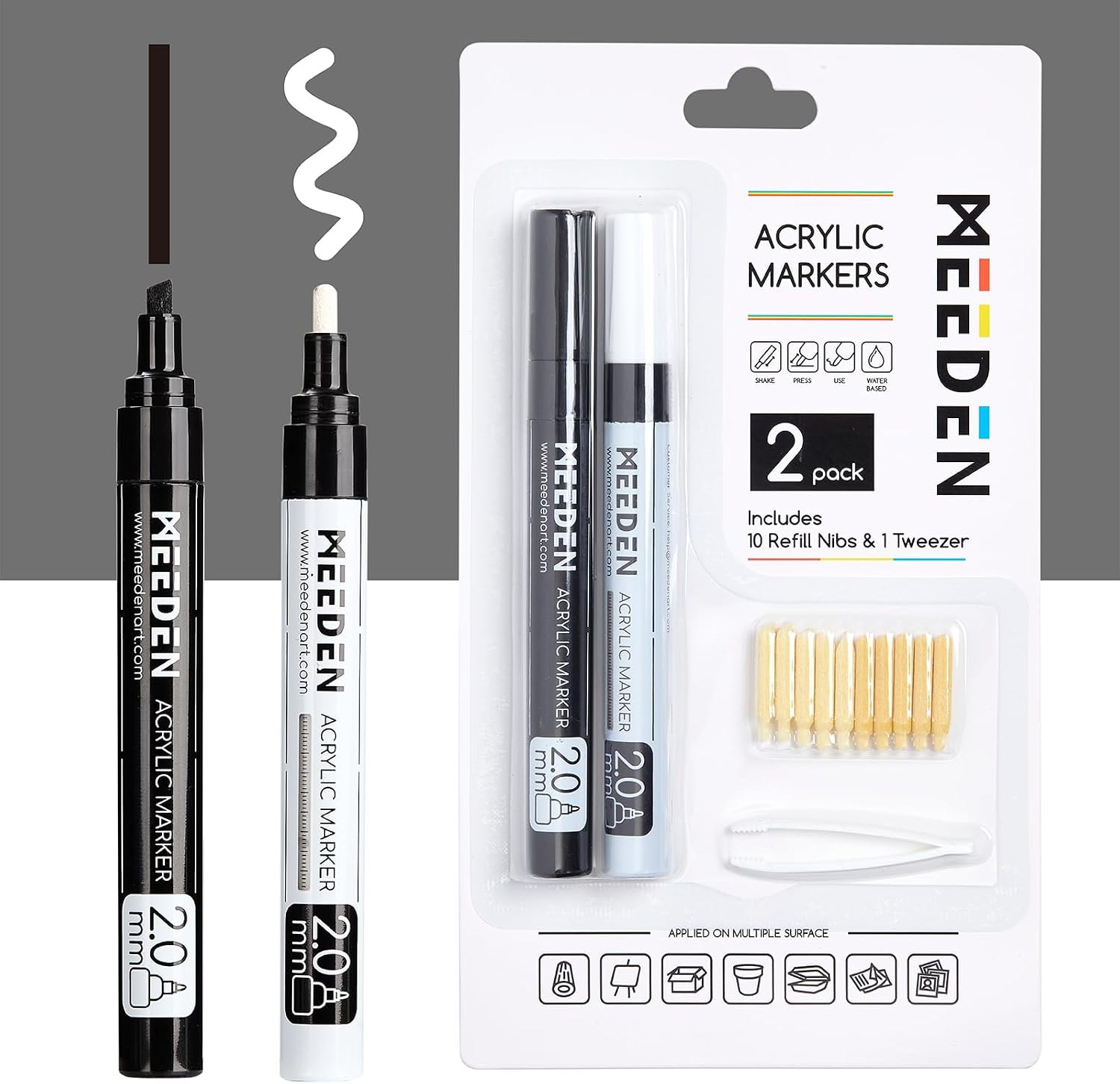 MEEDEN Artist Black & White Paint Pens - 10 Replaceable Tips & 1 Tweezer Acrylic Markers for Visible Large Capacity - Water-Based Quick Drying Paint Markers for Wood, Metal, Rock Painting, Canvas