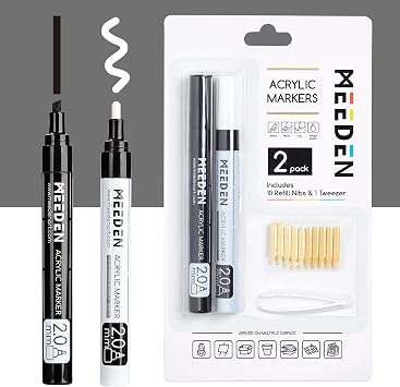 MEEDEN Black and White Acrylic Marker 10 Replaceable Tip & 1 Tweezer
