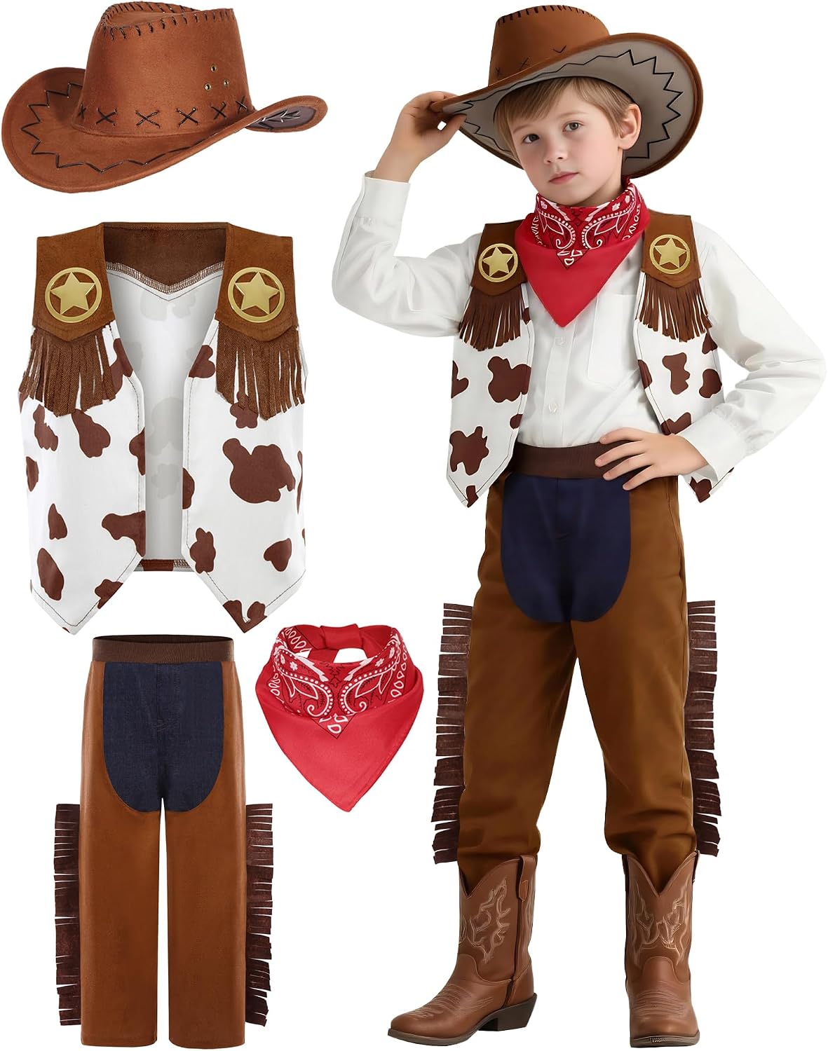 Kids Cowboy Costume for Boys Brown Western Style Cowboy Outfit Set Halloween Party Dress Up (5-7 Years)