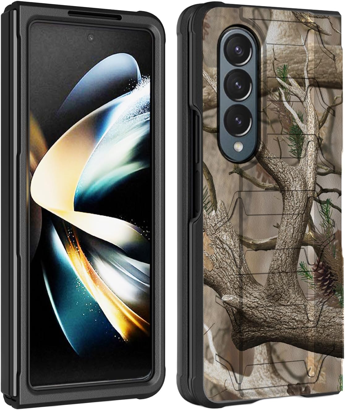 Nakedcellphone Case with Clip and S Pen Slot for Galaxy Z Fold 4 5G, Tactical Cover and Belt Hip Holster View Stand Combo for Samsung Z Fold4 Phone (SM-F936U, 2022) - Outdoor Camo Tree Real Woods