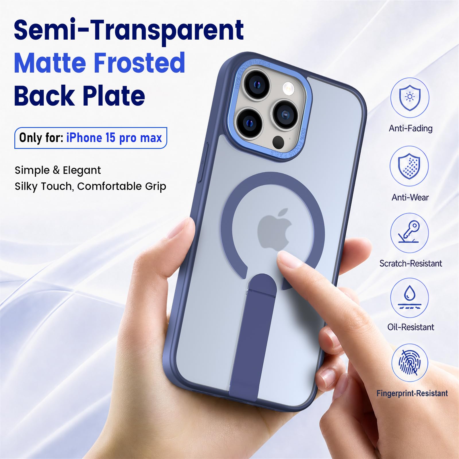 Cover magnetica per iPhone 15 con MagSafe & 2 lenti temperate, custodia antiurto con magnete N52, ultra leggera con supporto in metallo e rivestimento anti-impronta blu