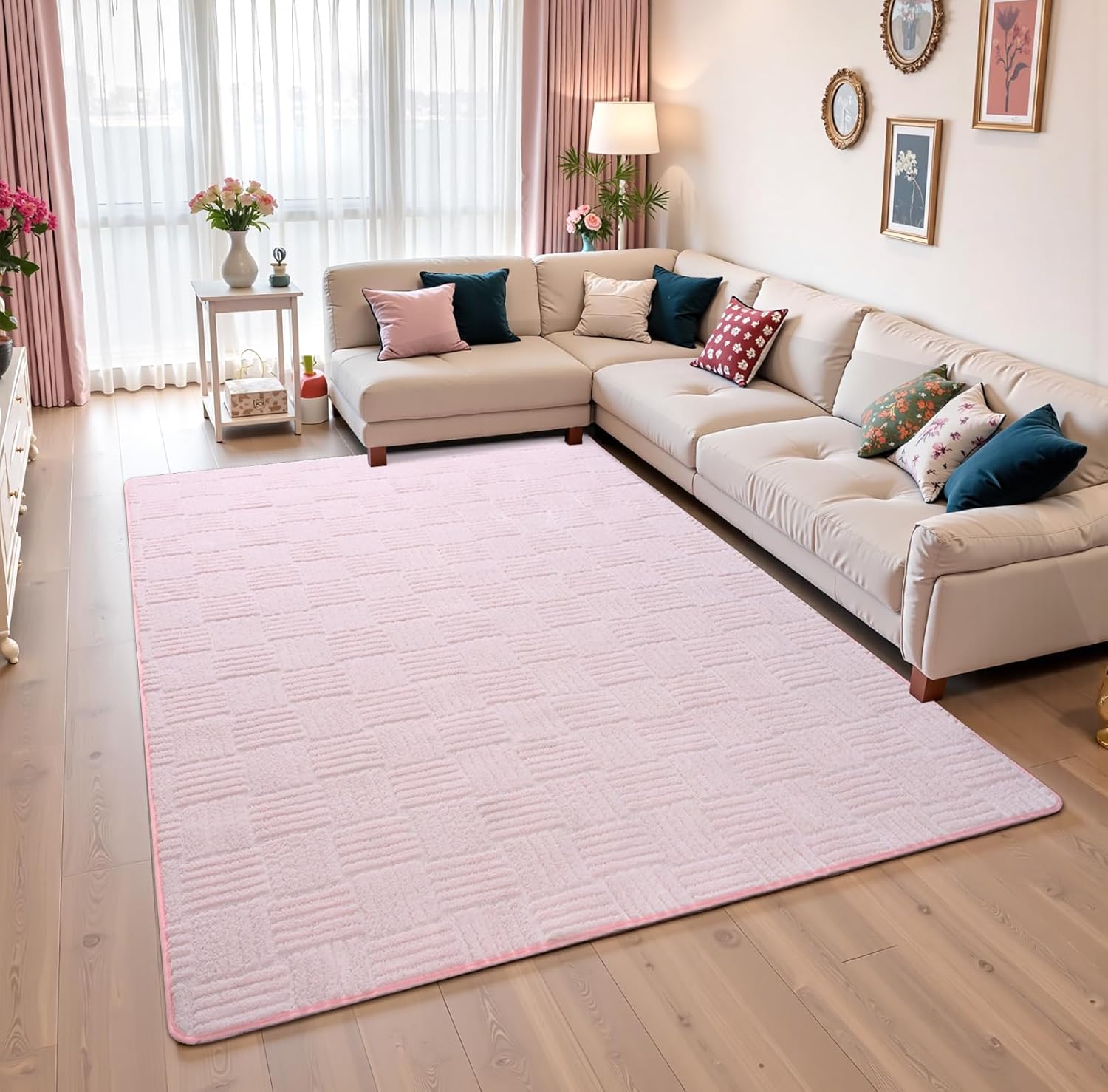 5x7 Pink Washable Shag Area Rug for Girls Bedroom, Modern Geometric Non Slip Living Room Rugs, Fluffy Soft Thick Carpet for Kids Room, Dorm, Office, and Home Decor - Image 3
