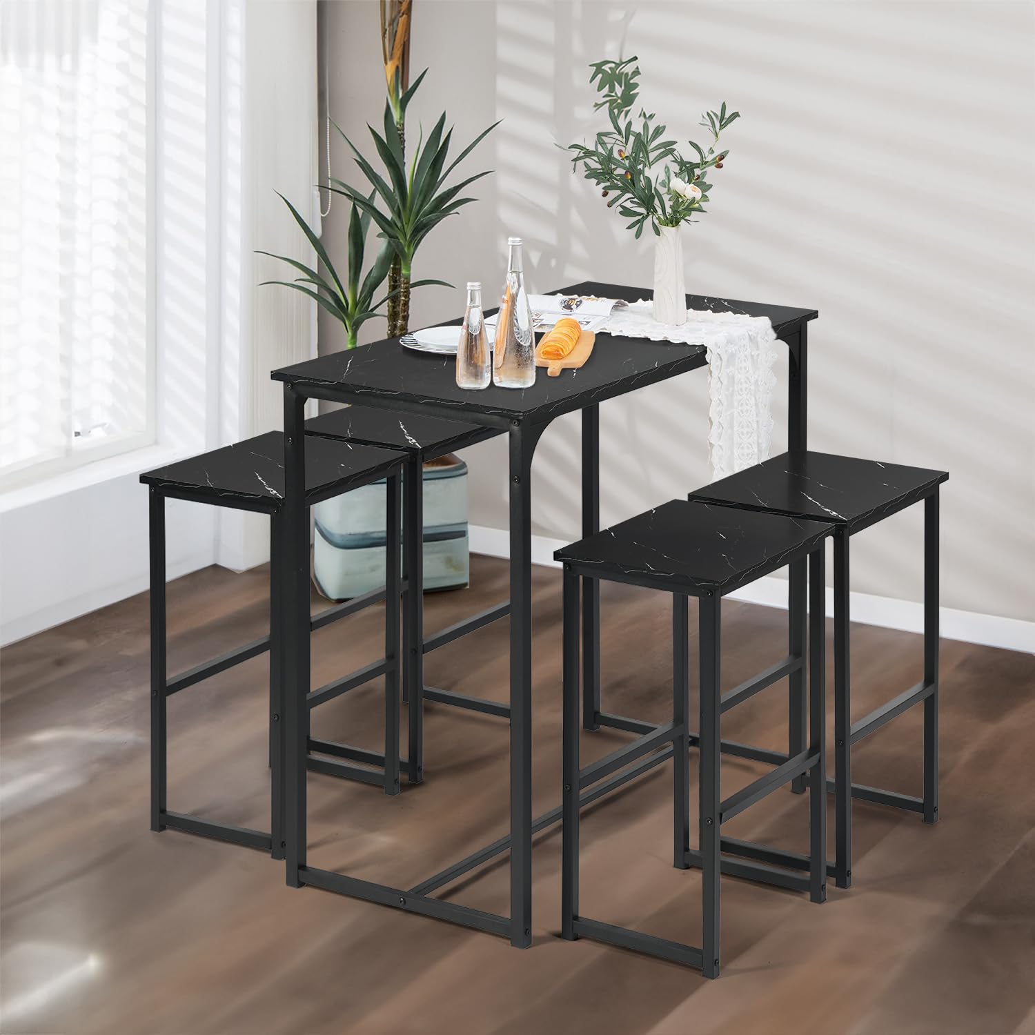 Mesa de Bar Alta Con 4 Taburetes, Juego de Comedor Para Cocina, Ahorra Espacio, Rincón Para Casa