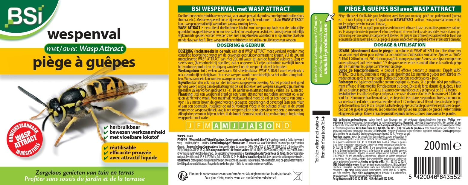 Trappola Per Vespe Wasp Attract BSI Con Attrattivo All'aceto Di Mele, 200 Ml, Riutilizzabile