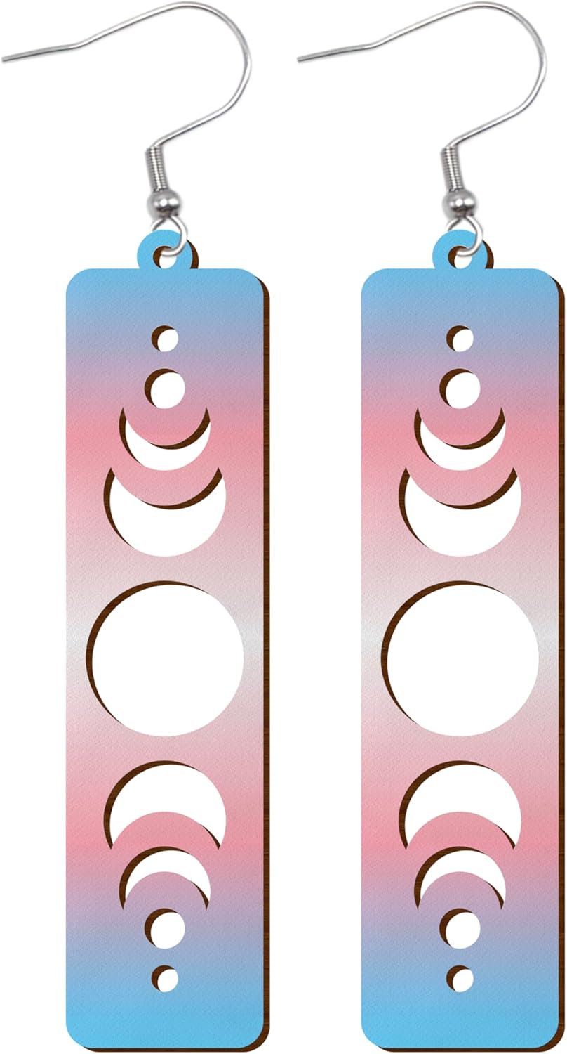 LGBTQIA+ Wooden Moon Phase Earrings, Pride Flag Dangle Earrings for LGBTQ Community, Rainbow Jewelry Gift for Gay, Lesbian, and All Identities