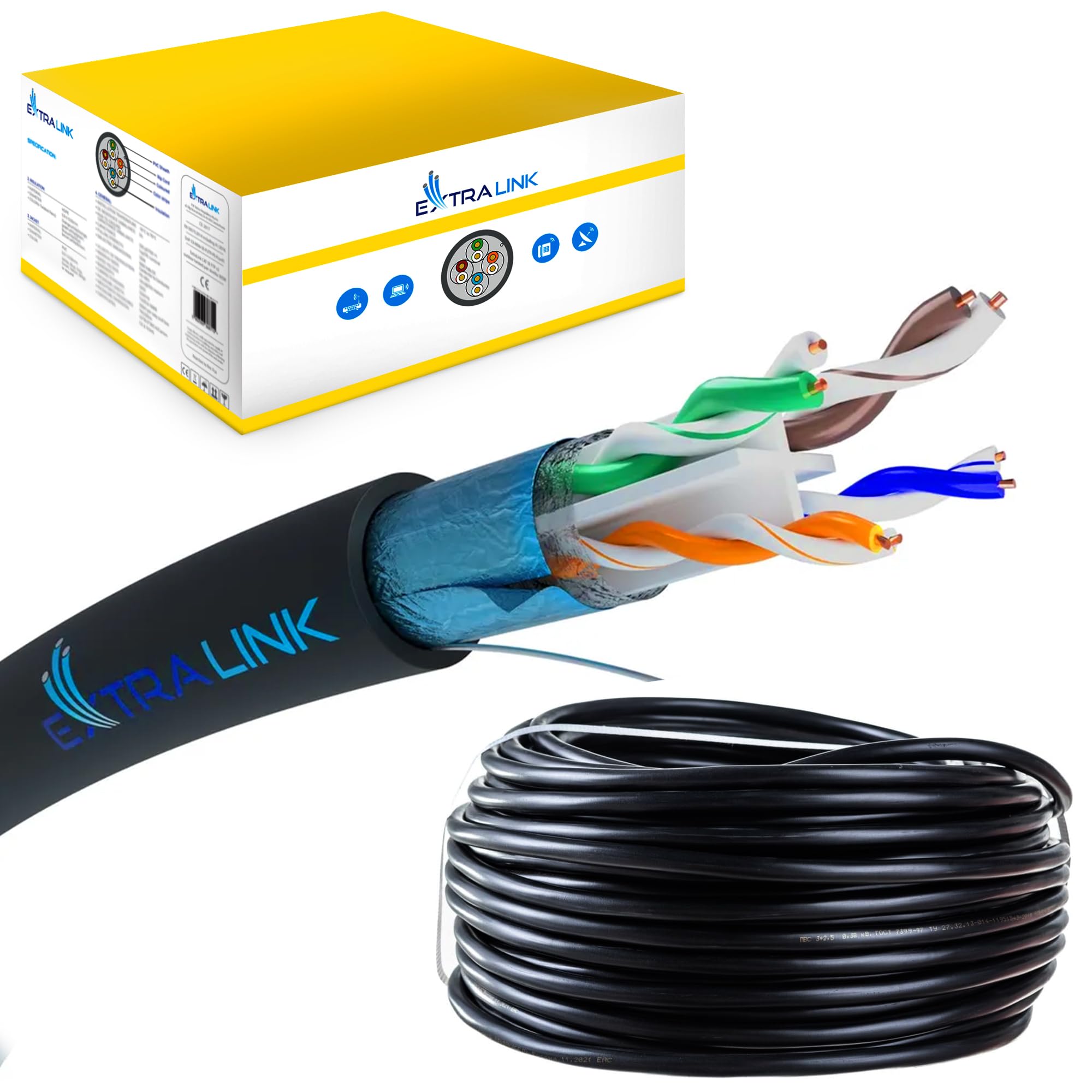 EXTRALINK Cable Ethernet 305M CAT6 para exteriores, Cable Red LAN – 100% cobre, F/UTP apantallado, compatible con PoE, UV resistente, con funda exterior de PE duradera y resistente a la intemperie