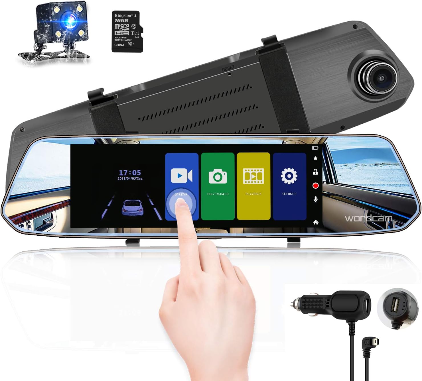 Wordcam 7-Inch Touch Screen Backup Camera Mirror Dash Cam 1080P Front and Rear Dual Lens with Waterproof Rearview Reversing Camera(Free 16GB SD Card)