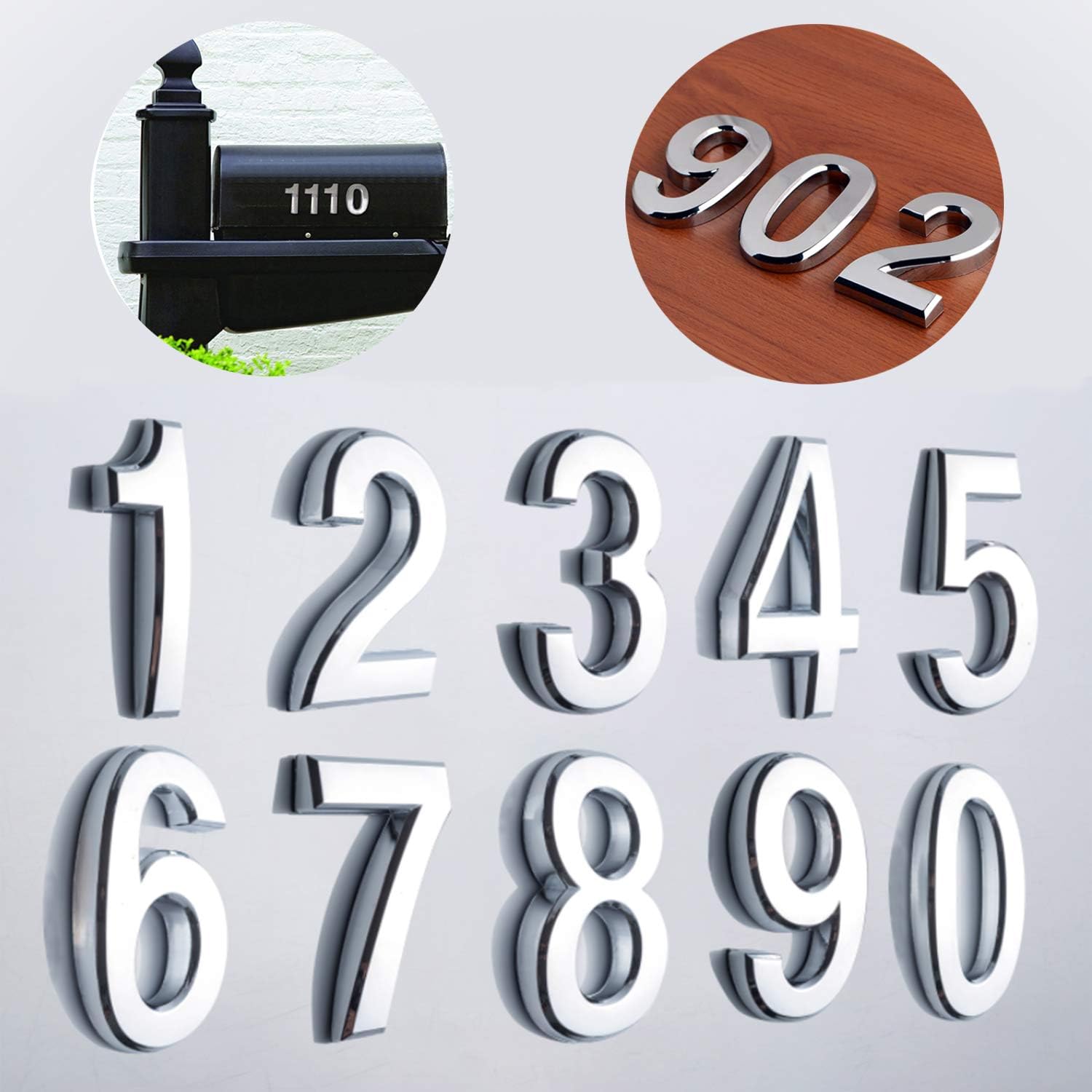 10 Pack 2-3/4"(Pack 0 to 9, Shiny Silver) self Adhesive Door House Numbers and Street Address Plaques Numbers for Residence and Mailbox Signs. (2-3/4" 10 Pack (0-9), Silver)
