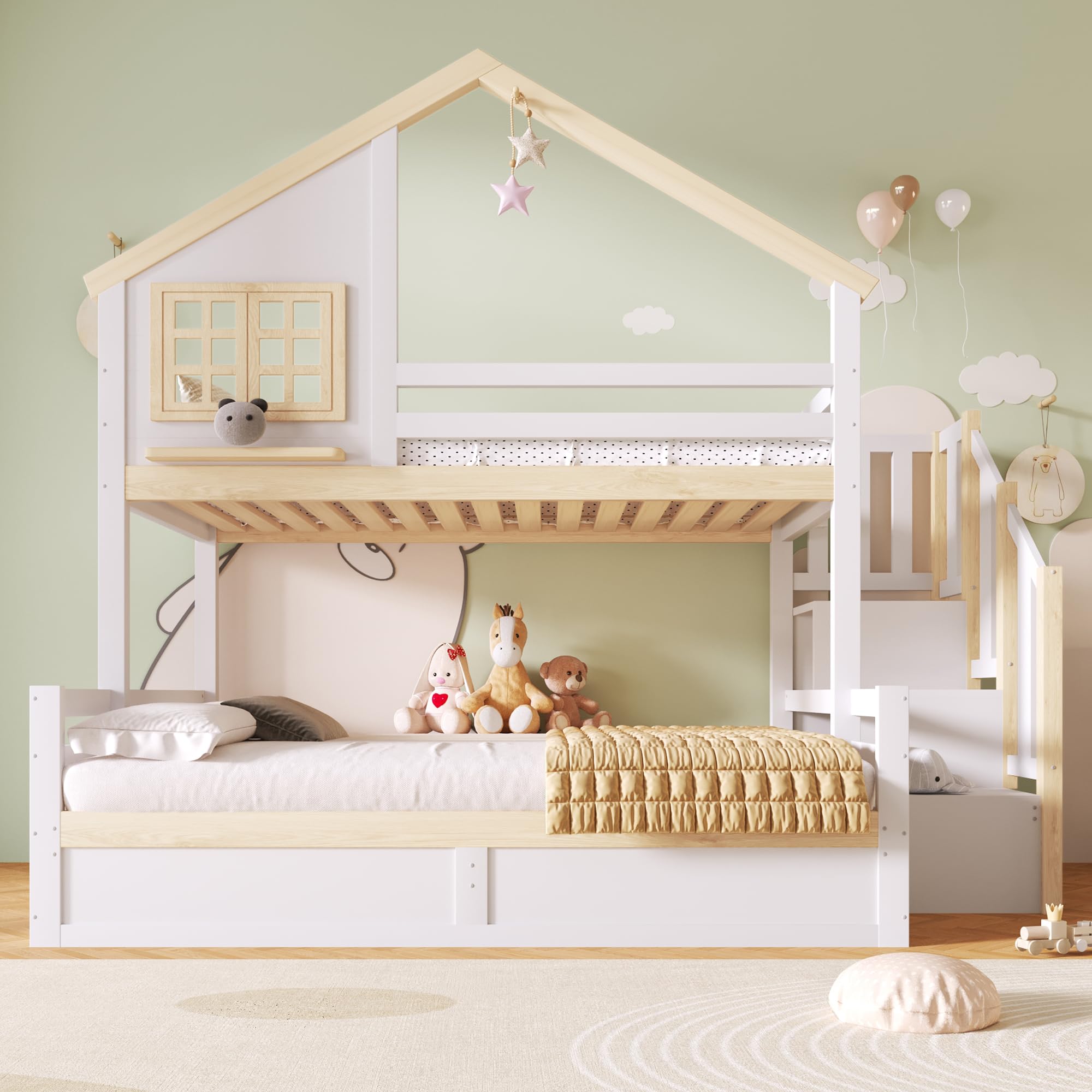 Soweiz Letto a castello, 90 x 200 cm, idraulico, con sponda, vano portaoggetti sotto il letto, decorazione per finestre e casa (bianco + naturale, 140 x 200 cm)