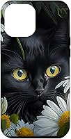 Vista 25 de iPhone 16 Black Cat with Daisies – Enchanting Floral Design Case