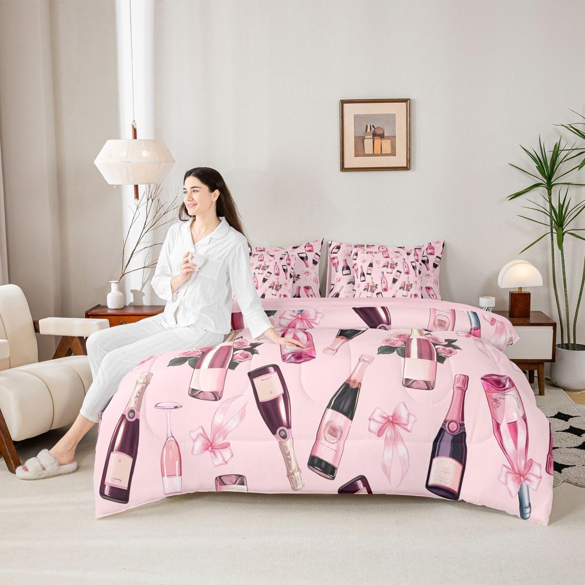 Erosebridal Bowknot Pink Black Floral Women Full Comforter Set 7 Pieces | Girly Bow Rose Bed in A Bag for Bedroom Ribbon Wine Glass Bedding Set with Comforters Coquette Room Decor