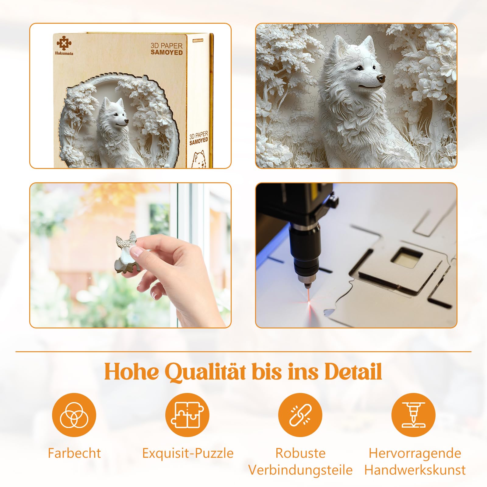 Puzzle drewniane dla dorosłych pies Samoyed - 295 elementów w pudełku upominkowym, dekoracja ścienna i prezent dla przyjaciół i rodziny (od 14 lat+)