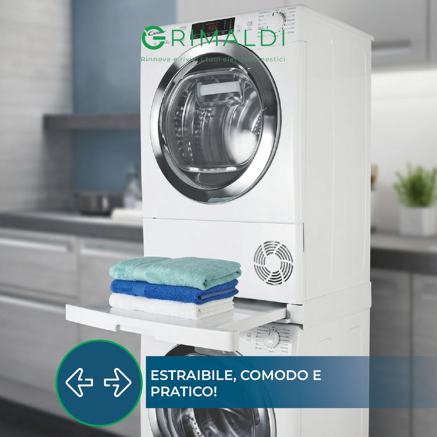 G GRIMALDI 35602039 Kit Sovrapposizione Lavatrice Asciugatrice con Ripiano Estraibile Compatibile con Candy Hoover Iberna Zerowatt — Salvaspazio Universale