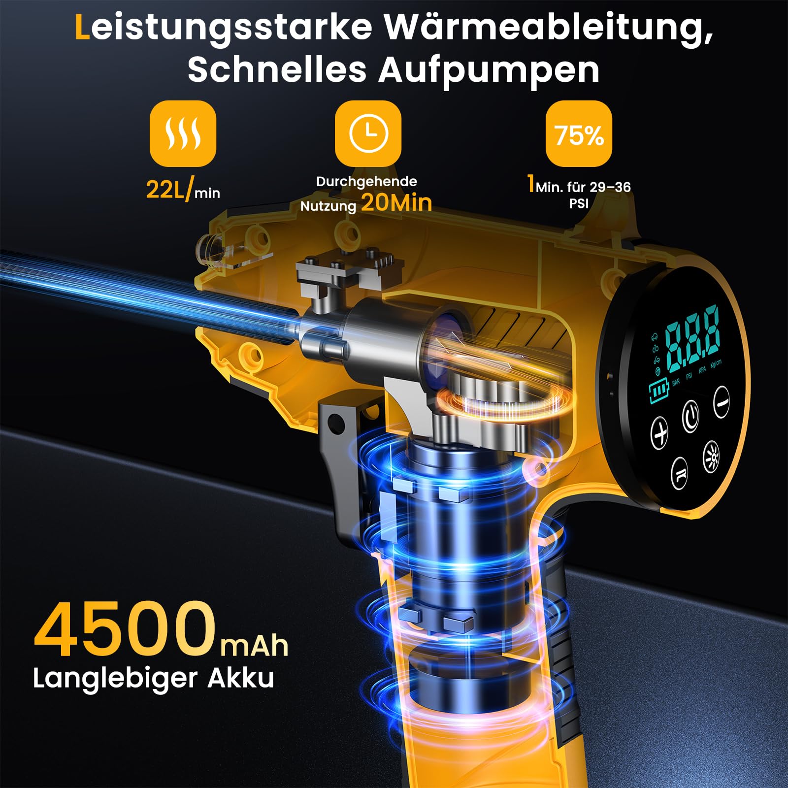 Elektrische Auto Luftpumpe Akku Fahrradpumpe - Tragbare Luftpumpe Fahrrad 150PSI - 22L/min Akku Kompressor mit LED-Anzeige/Licht - 4 Voreingestellte Modi für Auto/Fahrrad/Motorrad/Ball - 2