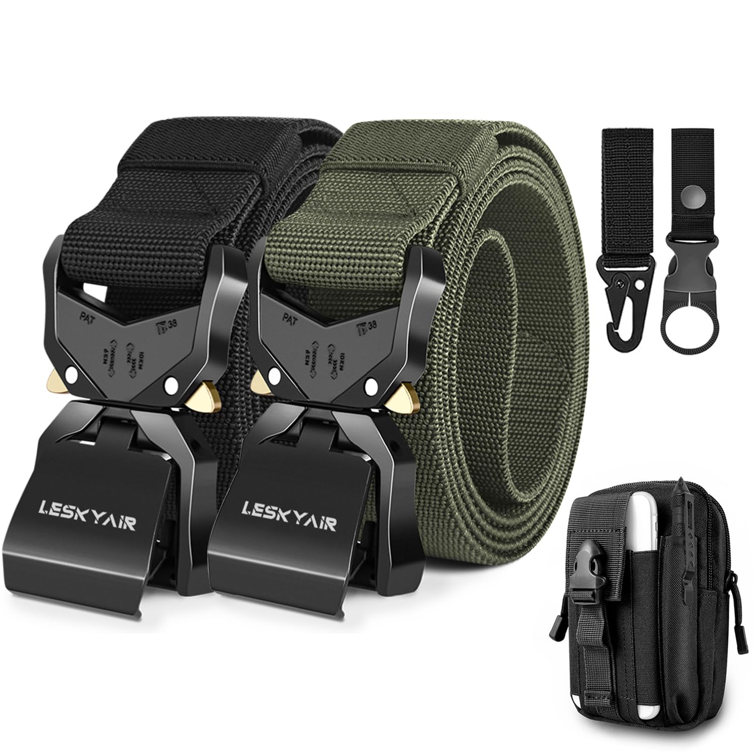 Leskyair 2er Herren Taktischer Gürtel 1,5-Zoll-Hochleistungsgürtel, Nylon Schnellverschluss-Metallschnalle, Geschenk mit taktischem Molle-Beutel und Haken (Schwarz + Grün)