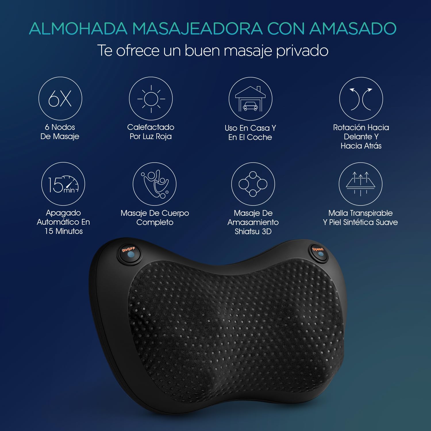 Cojín de Masaje Shiatsu，Masajeador de Cuello Espalda con Calor, Masajeador de Amasado de Tejido Giratorio 3D，3 Velocidades Incluye Cinturón de Extensión,Casa, Oficina, Coche (Negro)