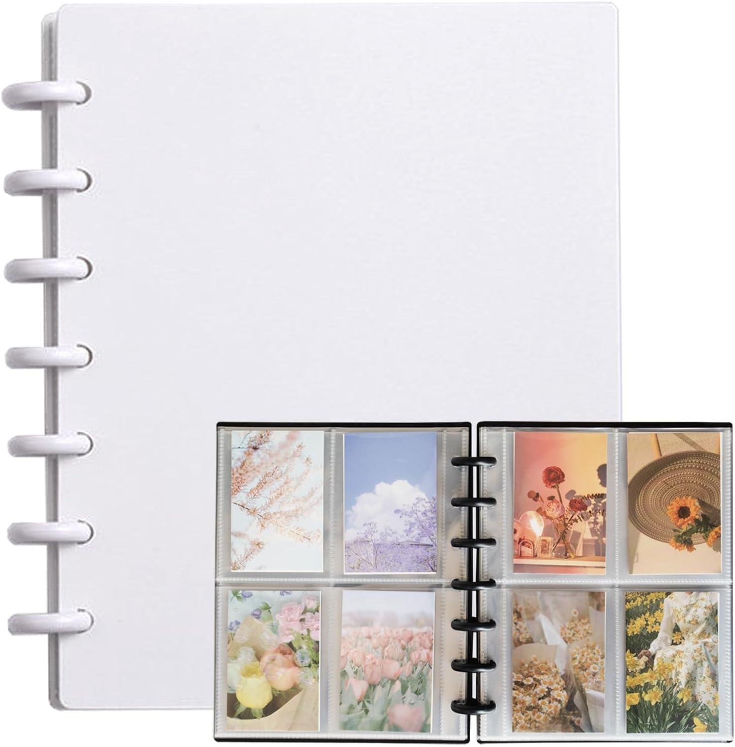 K-Pop Photocard Binder, Photo Album,3-Inch Photo Card Holder Book Cover With 20 Inner Page,80 Pocket Display 160 Photos, Idol Album Business Card Collection 7 Ring Photo Protector, White, 20 Pages