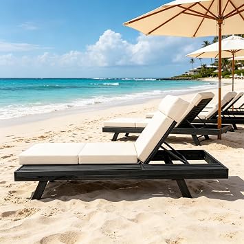 Lounge Chairs for Poolside- Lounge Chaise Set with Headrest, Space Available On One Side, Adjustable Outdoor Chaise Lounge Chair with Cushion(Color:White)