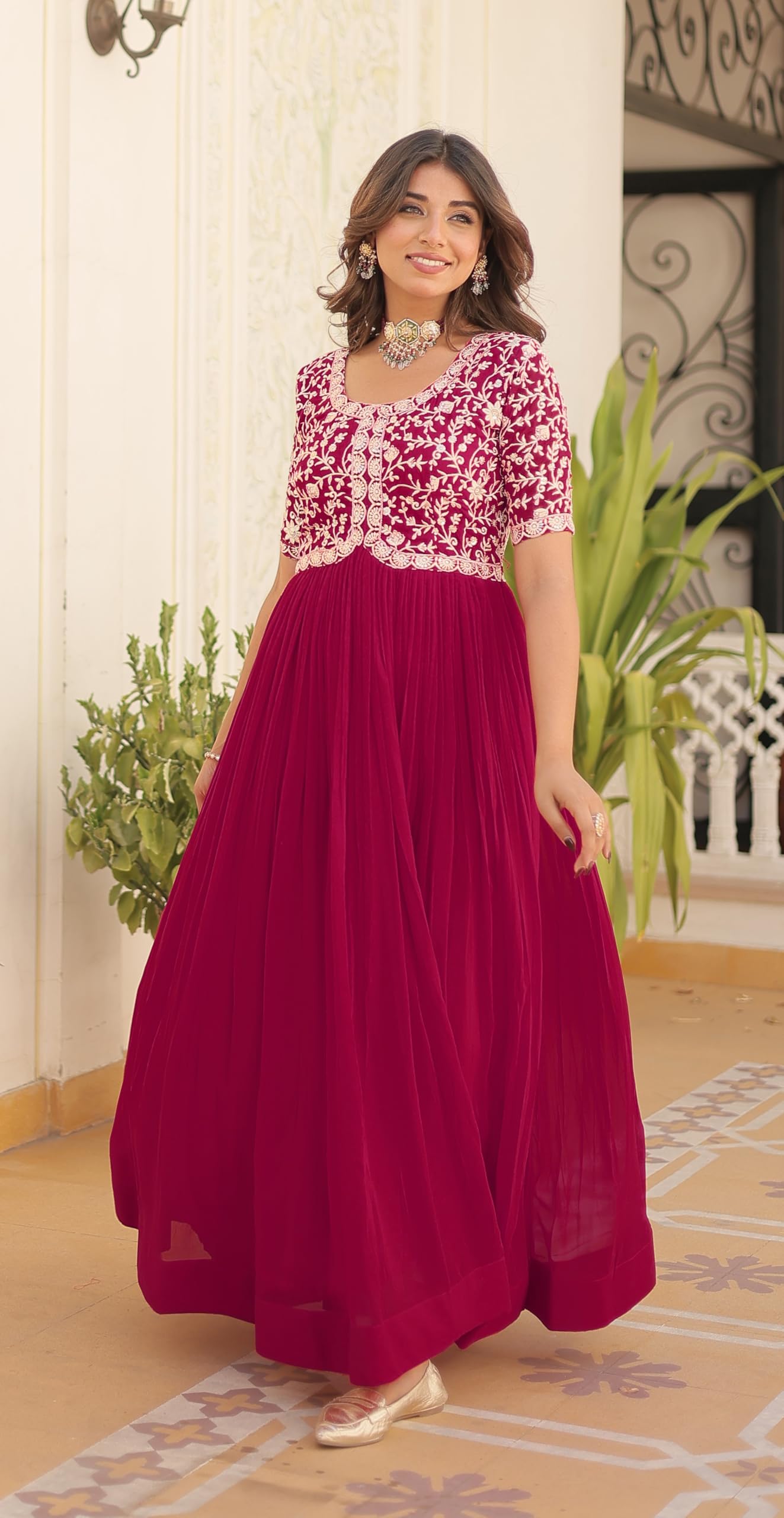 Fashion Basket Georgette Embroidered Anarkali Gown For Women Pink