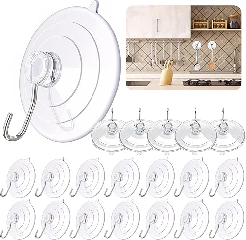Yuroochii Paquete de 20 ganchos de ventosa, ventosas de PVC transparente de 2-12 pulgadas con ganchos de metal, extraíbles, impermeables, fuertes,