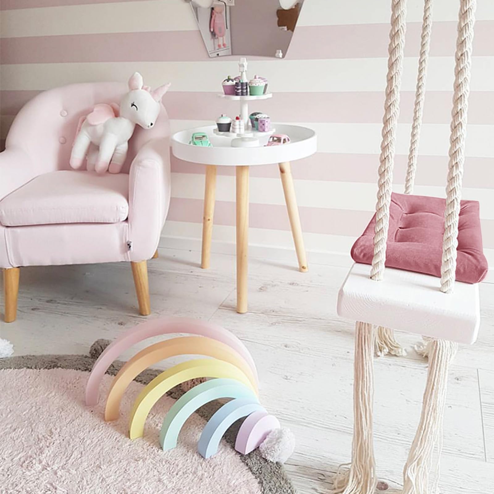 Columpio infantil de 50 x 18 x 3,5 cm, 50 kg, carga rosa, madera maciza con cuerdas de cáñamo engrosadas y cojín de esponja, columpio para interiores para habitación infantil y jardín