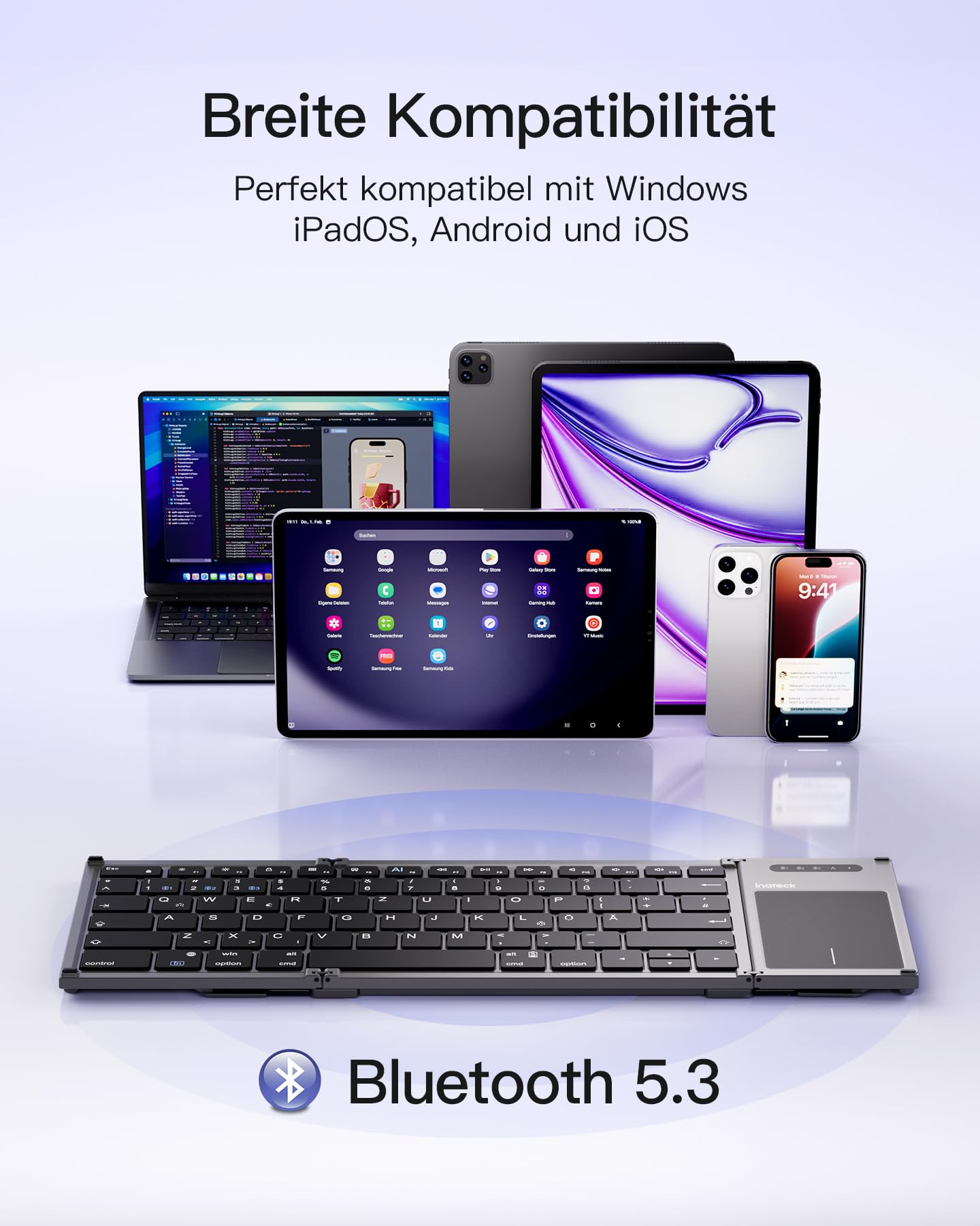 Inateck Faltbare Mini Tastatur, KI-Funktion mit Touchpad,3 Bluetooth-Kanälen, kompatibel mit iPadOS Android, Windows, QWERTZ, KB06101